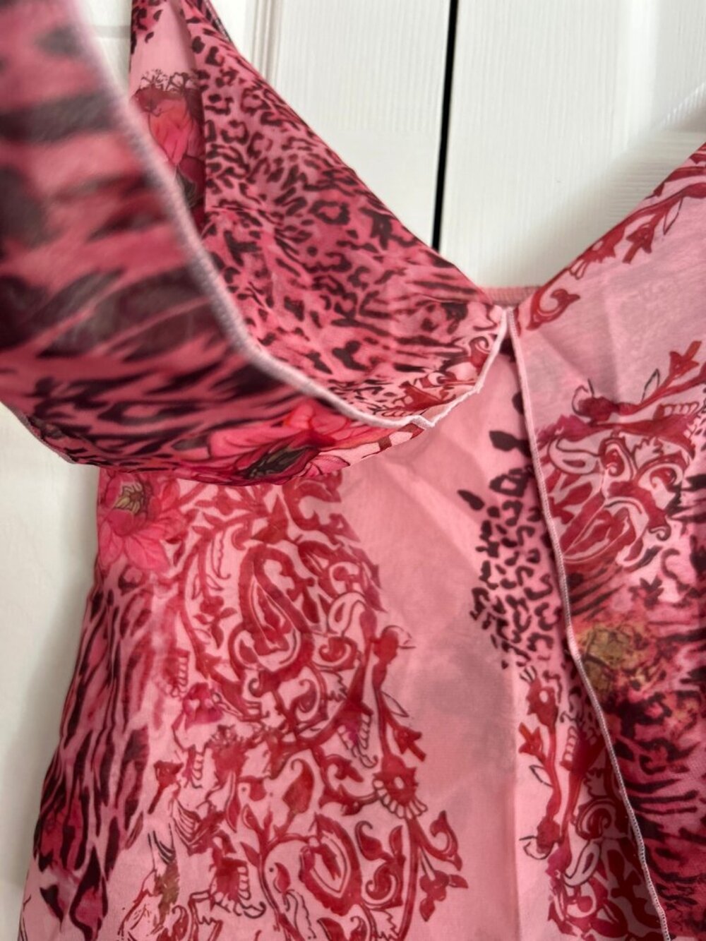 Y2K Patchwork Halter Top Pink Floral Leopard Double Layer Tie Straps Size M - Picture 2 of 6